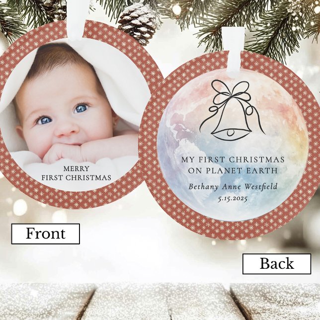 Adorno Baby's First Christmas Terracotta Photo Keepsake (Baby's First Christmas on Planet Earth Terracotta Photo Keepsake Ornament)