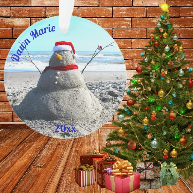 Adorno Beach Sand Santa "Snowman" de playa personalizada (santa hat beach snowman ornament)