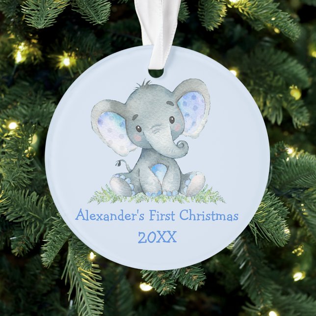Adorno Bebé primera acuarela de Navidad Elefante Azul (Customize with name and year.)