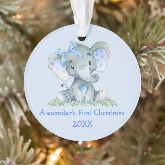 Adorno Bebé primera acuarela de Navidad Elephant Blue Bow (Árbol)