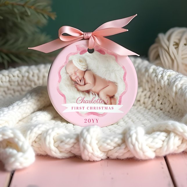 Adorno Bebé primera Cinta rosa de Navidad (Baby First Christmas Pink Ribbon & Bow Ornament)