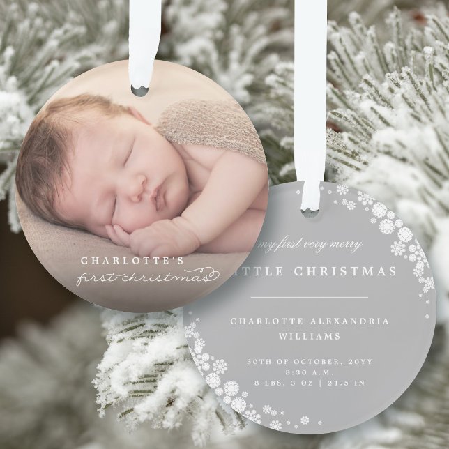 Adorno Bebé primera Navidad Copos de nieve elegante foto  (Baby's First Christmas White Snowflakes Stylish Chic Photo Christmas Ornament @ fat_fa_tin)