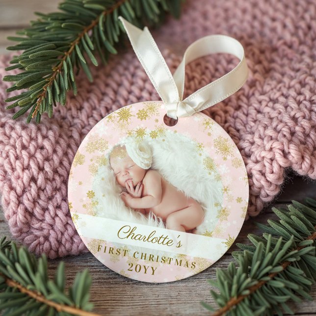 Adorno Bebé primera Navidad Magnífica foto de copos de ni (Baby First Christmas Magical Gold Snowflakes Photo Ornament)