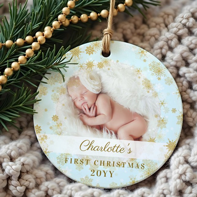 Adorno Bebé primera Navidad Magnífica foto de copos de ni (Baby First Christmas Magical Gold Snowflakes Photo Ornament)