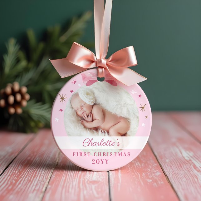 Adorno Bebé primero Bow rosa de Navidad y estrellas (Baby First Christmas Pink Bow & Stars Ornament)