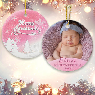 Adorno Bebé rosado Primer Navidades Personalizado Foto