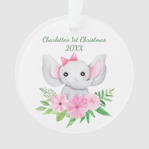 Adorno Bebés 1er Navidad Elefante Rosa Floral Verde