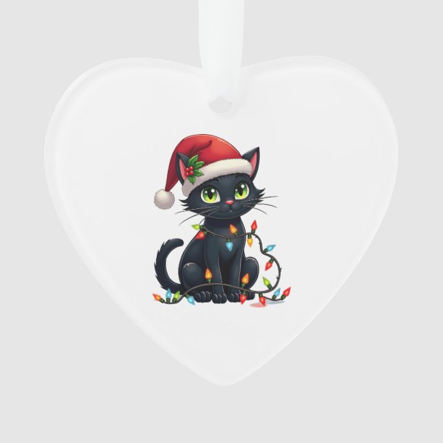 Adorno Black Cat Christmas Lights Santa Hat Funny Xmas Ca (Anverso)