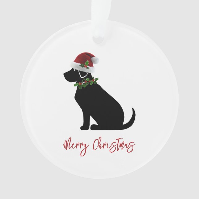 Adorno Black Lab Feliz Navidad Santa Hat Holly Moderno (Anverso)
