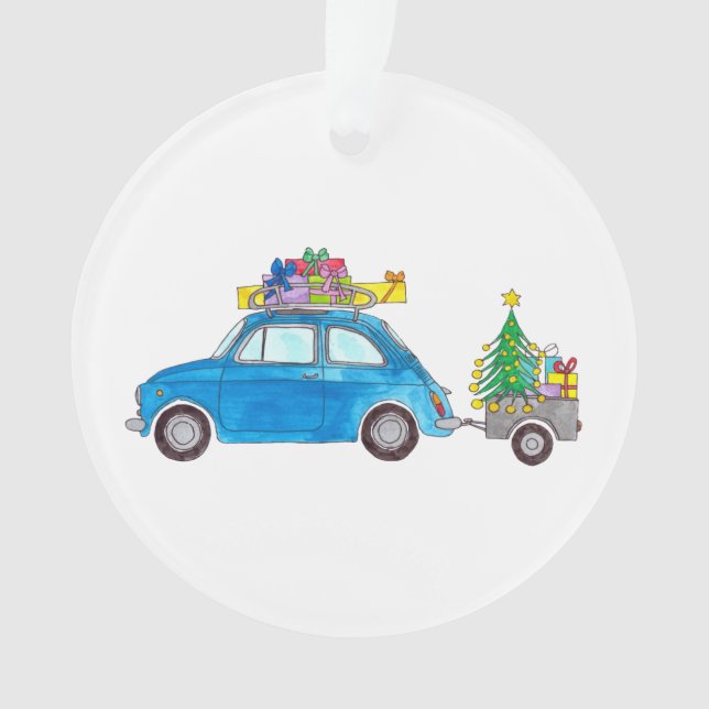 Adorno Blue Fiat 500 con Navidades Regalos acuarela (Anverso)