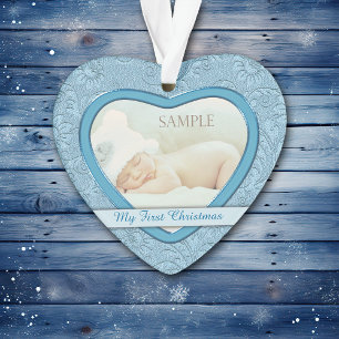 Adorno Blue Heart Swirl Baby First Christmas