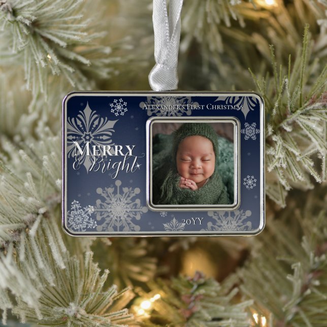 Adorno Blue Merry and Bright Snflakes Baby Photo (Árbol)