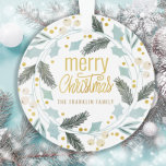 Adorno Blue Tan Winter Greenering Merry Christmas Name<br><div class="desc">Bonito azul y amarillo verdor Navidades vacaciones de invierno ornamento acrílico con texto en una tipografía de escritura tierno y caprichoso,  "Feliz Navidad". Personalizado con su nombre o apellido.</div>