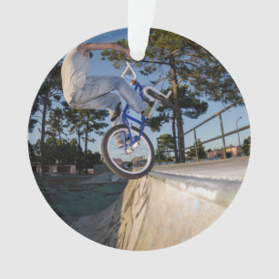 Adorno BMX azul que equilibra en la repisa