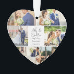 Adorno Boda de pareja recién casada Collage de fotos Cora<br><div class="desc">Este hermoso regalo de adorno navideño de recién casados tiene forma de corazón en forma de corazón y presenta un diseño elegante de 5 fotos bodas sobre un fondo blanco con los nombres, ubicación y fecha de la pareja casada. Un maravilloso regalo de fotos conmemorativo para tu esposa o marido...</div>