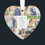 Adorno Boda de pareja recién casada Collage de fotos Cora<br><div class="desc">Este hermoso regalo de adorno navideño de recién casados tiene forma de corazón en forma de corazón y presenta un diseño elegante de 5 fotos bodas sobre un fondo blanco con los nombres, ubicación y fecha de la pareja casada. Un maravilloso regalo de fotos conmemorativo para tu esposa o marido...</div>