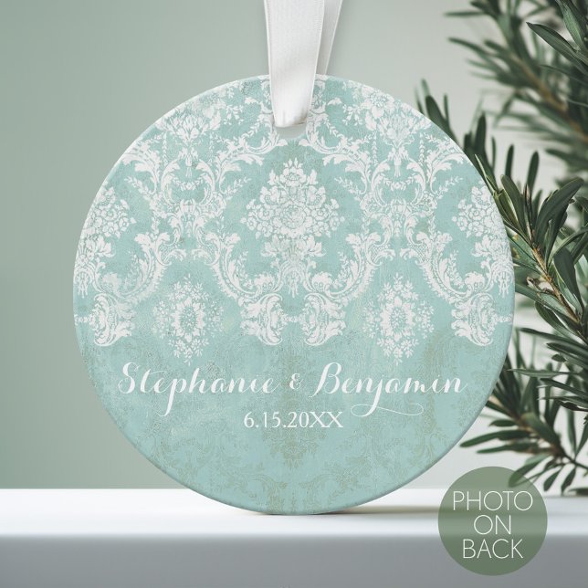 Adorno Boda del patrón de Damasco Rústico Azul Hielo (Personalized Photo Ornament)