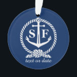 Adorno Bote de playa de Ancla Azul Nautical Monograma Clá<br><div class="desc">Un diseño náutico clásico con ancla blanca y cuerda náutica sobre un fondo azul marino. Añade tus iniciales monogramadas y otra línea de texto - fecha, ubicación, evento, etc. Ideal para bodas con temática náutica, fiestas o tu barco, playa o casa lacustre. Clásico, atemporal, preppy y elegante - un diseño...</div>