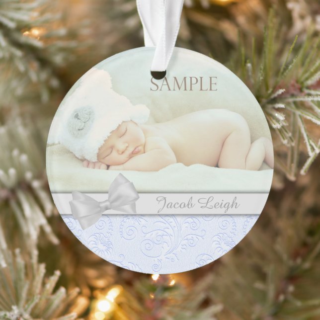 Adorno Bow Silver Blue Pastel Baby Primer Navidades Foto (Árbol)