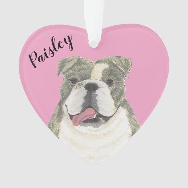 Adorno Bulldog de inglés personalizado de "Pink Heart Bri (Anverso)