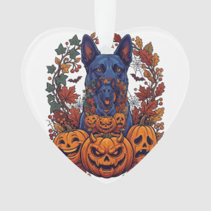 Adorno Calabazas de Halloween Pitbull Azul Hojas de Otoño