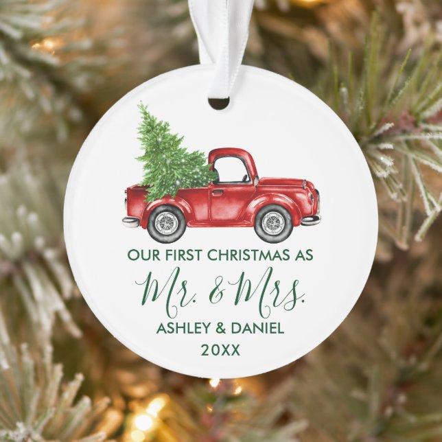 Adorno Calligraphy Green Mr. Mrs Navidades Red Truck (Árbol)