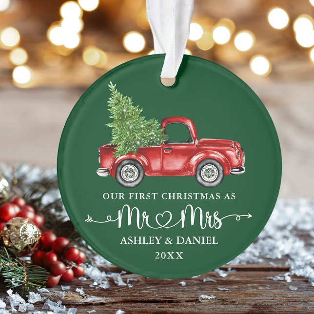 Adorno Calligraphy Heart First Christmas Red Truck Green (Calligraphy Script Heart Mr. & Mrs. Our First Christmas Vintage Truck Ornament)