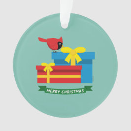 Adorno Cardenal rojo curado abre un regalo azul