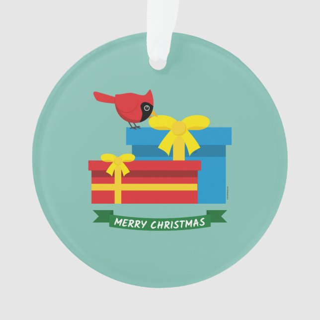 Adorno Cardenal rojo curado abre un regalo azul (Anverso)