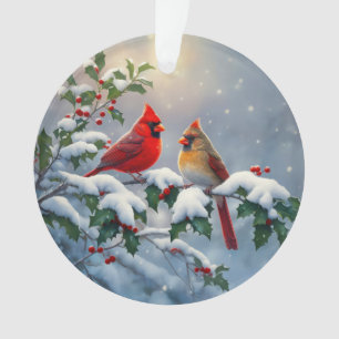 Adorno Cardenales rojos y acebo en la nieve