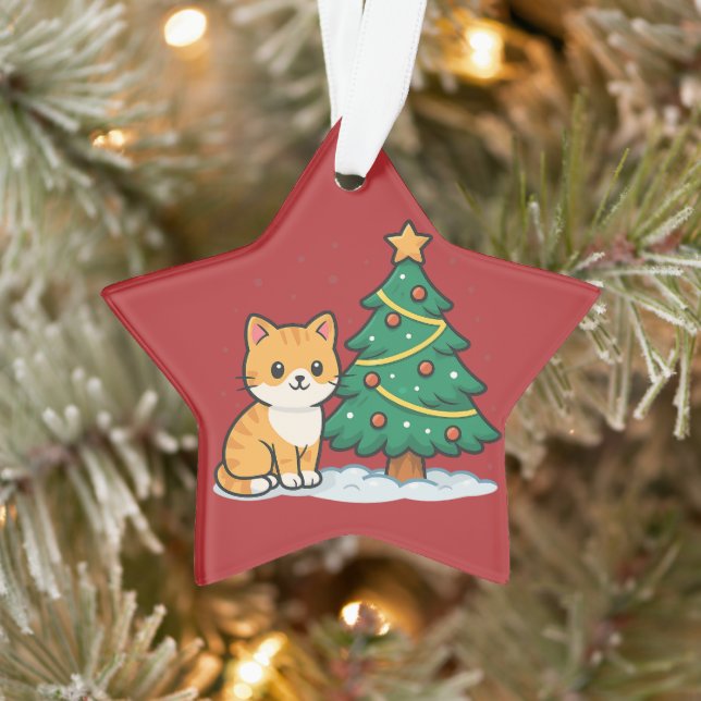 Adorno Cartoon Cat by Christmas Tree Snowy Sticker (Árbol)