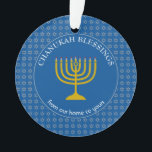 Adorno CHANUKAH BLESSINGS | Menorah | Hanukkah<br><div class="desc">Elegante Tekhelet Blue CHANUKAH BENDICIONES Ornamento acrílico con la falsa Estrella de David de color plateado en un patrón de baldosas en el fondo, y una falsa menorah de oro en el centro. El texto lee BENDICIONES DE CHANUKAH DE NUESTRA CASA A LA TUYA y es PERSONALIZABLE, así que puede...</div>