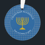 Adorno CHANUKAH BLESSINGS | Menorah | Hanukkah<br><div class="desc">Elegante Tekhelet Blue CHANUKAH BENDICIONES Ornamento acrílico con la falsa Estrella de David de color plateado en un patrón de baldosas en el fondo, y una falsa menorah de oro en el centro. El texto lee BENDICIONES DE CHANUKAH DE NUESTRA CASA A LA TUYA y es PERSONALIZABLE, así que puede...</div>