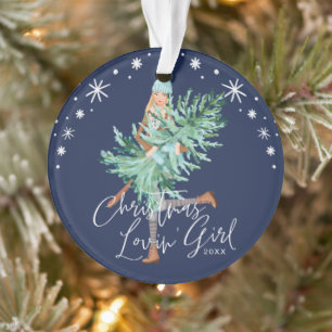 Adorno Chica acuarela sostiene árbol de Navidad evergreen