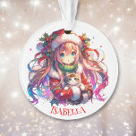 Adorno Chica de animaciones en Navidades de la acuarela d<br><div class="desc">Chica de anime acuarela en Santa hat con adorable adorno navideño personalizado de gatito.</div>
