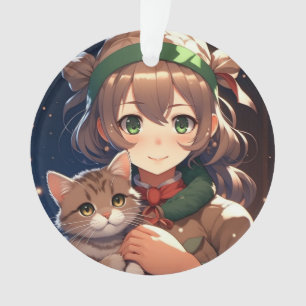 Adorno Chica linda de Anime sosteniendo un gatito en Navi