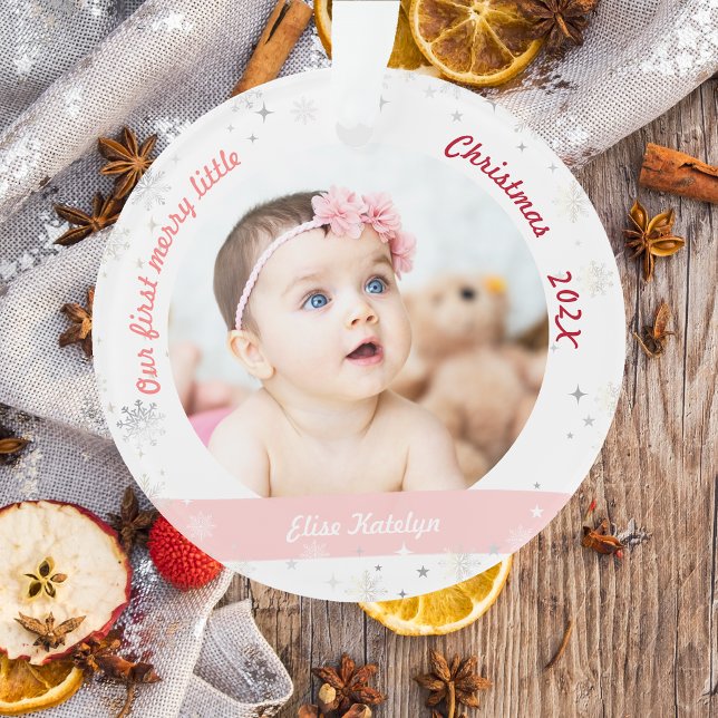 Adorno Chicas gemelos 2 fotos primeros Navidades (Modern Elegant Cute Our First Merry Little Christmas Twins Baby Girls 2 Photos Snowflakes Stars Pink)