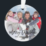 Adorno Cinta blanca de fotos de la familia de Navidades d<br><div class="desc">Foto de la familia de guiones de pincel moderno Ornamento navideño de Feliz</div>