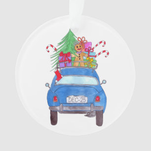 Adorno Coche azul con Navidades y acuarela