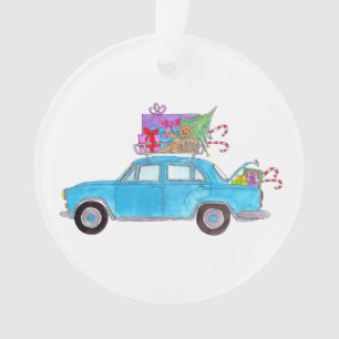 Adorno Coche azul con Navidades y acuarela