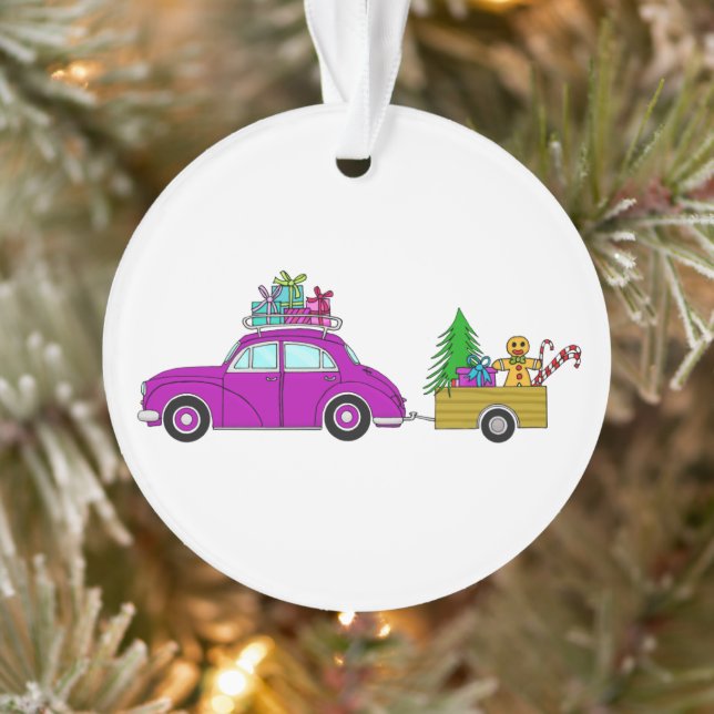 Adorno Coche morado con Navidades de regalo (Árbol)