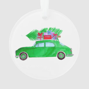 Adorno Coche verde con acuarela de regalos para Navidades