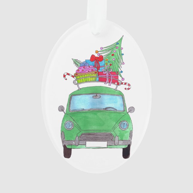 Adorno Coche verde con acuarela de regalos para Navidades (Reverso)