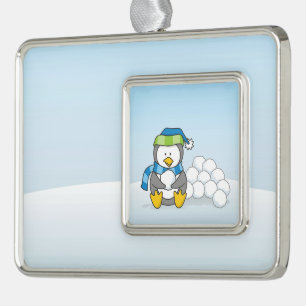 Adorno Con Marco Pingüino pequeño sentado con bolas de nieve