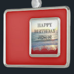 Adorno Con Marco Serene Sunset Over Ocean Happy Birday Jesus<br><div class="desc">Disponen de un lienzo pintado con la serena puesta de sol sobre el océano,  adornado con el sincero saludo de "Feliz Cumpleaños Jesús" y adornado con arboles de Navidad llenos descansando sobre una serie de colinas rojas en la base del diseño.</div>