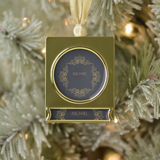 Adorno Con Rótulo Dorado Banner elegante de nombre dorado negro (Árbol)