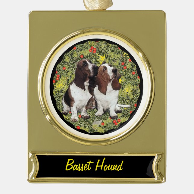 Adorno Con Rótulo Dorado Basset Hound Wreath (Anverso)