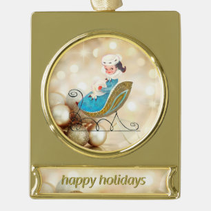 Adorno Con Rótulo Dorado Chica del Victorian en el trineo pasado de moda