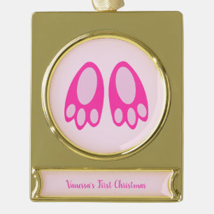 Adorno Con Rótulo Dorado Conejito Niña Pies Rosa Tiernos Pascua Personaliza