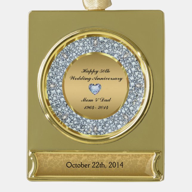 Adorno Con Rótulo Dorado Diamantes y oro 50° Aniversario Boda (Anverso)